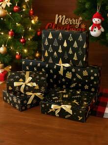 6pcs Christmas Gift Boxes With Ribbons, Black & Gold Christmas Gift Packaging Boxes, Christmas Snowflake Reindeer Snowman Penguin Design Christmas Gift Boxes, Christmas Party Small Gift Boxes, Christmas Gift Packaging Supplies, Home Christmas Decor, Christmas Gifts, Winter Holiday Decor, Seasonal Packaging, Christmas Party Supplies, Christmas Decor, Room Decor, 2027 New Year Decor, Christmas Decor - Christmas Black Gold - View 4