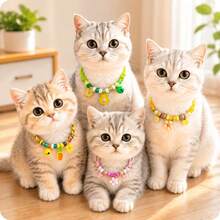 2pcs/Set Colorful Pet Collar Set, Adjustable Cat And Dog Collar With Bell, Cute Paw Print Bell Design, Multi-Color Dopamine Style, Adjustable Buckle, Suitable For Cats And Small Dogs Pet Couple Collar, Random Color - Multicolor - View 7