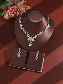2pcs/Set Forest Style Main Gauze Alloy Rhinestone Vine Horse Eye Branch Leaf Double Water Drop Main Stone V-Neck Jewelry Set, Bridal White Gauze Strapless Dress Accessories, Women Necklace, Women Earrings, Women Accessories, Women Jewelry Set, Jewelry For Women - Multicolor - View 3
