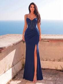 Faeriesty Elegant Spaghetti Strap Evening Gown, High Thigh Slit Design, Mermaid Silhouette Party Wedding Fall - Royal Blue - View 4