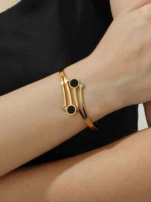 3pcs Minimalist Cold Style Gold-Plated Twisted Oval Thick Chain Silver Wrapped Chain Double Layer Black Round Zirconia Open Bangle Set Women's Daily Commute Street Wear Accessories - Multicolor - View 6