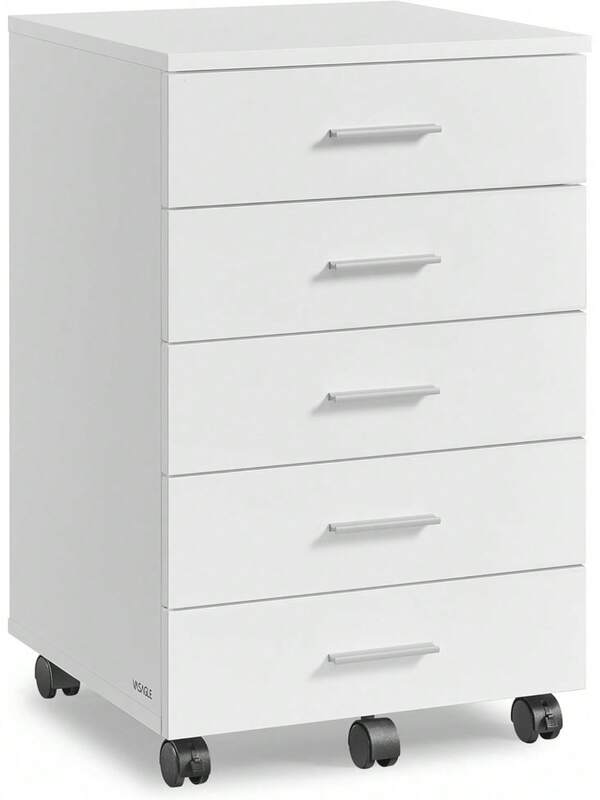 VASAGLE Rollschrank, mobiler Aktenschrank, Schubladenschrank, Druckerständer mit 5 Schubladen und schraubenlosen Gleitschienen für Büro, Home-Office, Cloud White OFC081W01 VHJ3