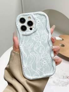 Soft Minimalist Sexy Style Light Blue Background White Wave Lace Floral Wave Phone Case Pearl Bowknot Beaded Hanging Chain Full Coverage Anti-Drop Soft Shell Compatible With IPhone15/14/13 All Models - Antique White - View 5
