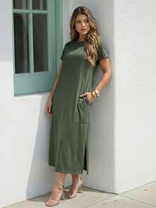 Women's Loose-Fitting Midi Dress With Pockets: Comfort And Elegance For Everyday Winter Wear - 橄欖綠 - 查看 3