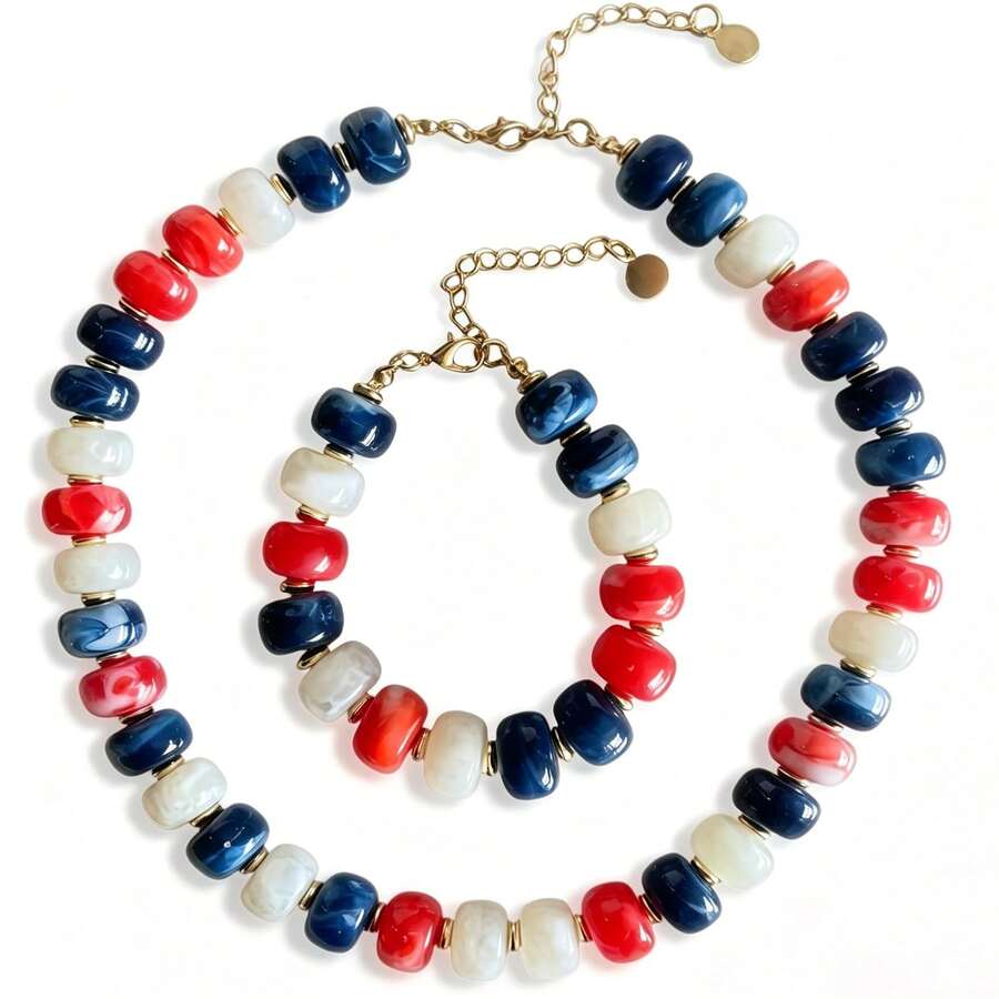 Set Kalung & Gelang Manik-Manik Tebal, Manik-Manik Akrilik Persegi Besar Gaya Bohemian, Kalung Rantai Tebal Berwarna-warni Modis untuk Wanita (Warna Manik-Manik Acak) - Merah Putih Biru Tua - View 1