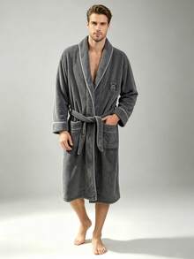 Lapel - Plain Trim Round Logo Bathrobe - Gray