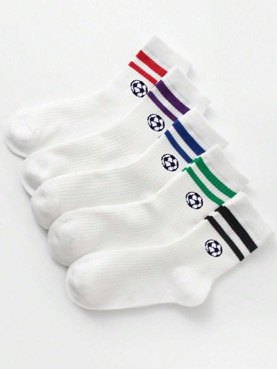 1/5 pares de calcetines deportivos blancos de media caña para niños, estilo primavera/verano, diseño clásico de doble raya de colores con patrón de fútbol, suaves y amigables con la piel, cómodos, versátiles y casuales para estudiantes, adecuados para la vuelta al colegio, eventos deportivos, uso diario/regalos de vacaciones/Copa del Mundo/temporada de vuelta al colegio - Multicolor - Ver 1