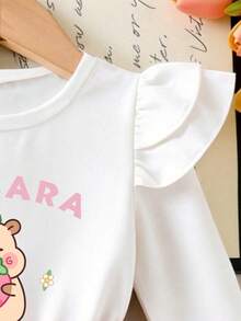 Baby Girl Cartoon Print Crew Neck Long Sleeve Top And Skirt Set - White - View 3