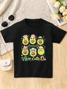 Camiseta de mujer con estampado de aguacate, cuello redondo, corte relajado, estilo casual, cómoda, dise?o gráfico. - Negro - Ver 2