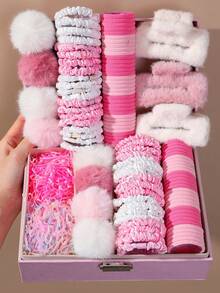 719pcs Girls Autumn/Winter Pink Plush Hair Scrunchies With Pink Pom Poms, Large Cute Princess Hair Ties, High Elasticity Durable Non-Damaging Hair Bands, Small Rubber Bands, Large Plush Hair Claw, Suitable For Daily Use - Multicolor - View 1