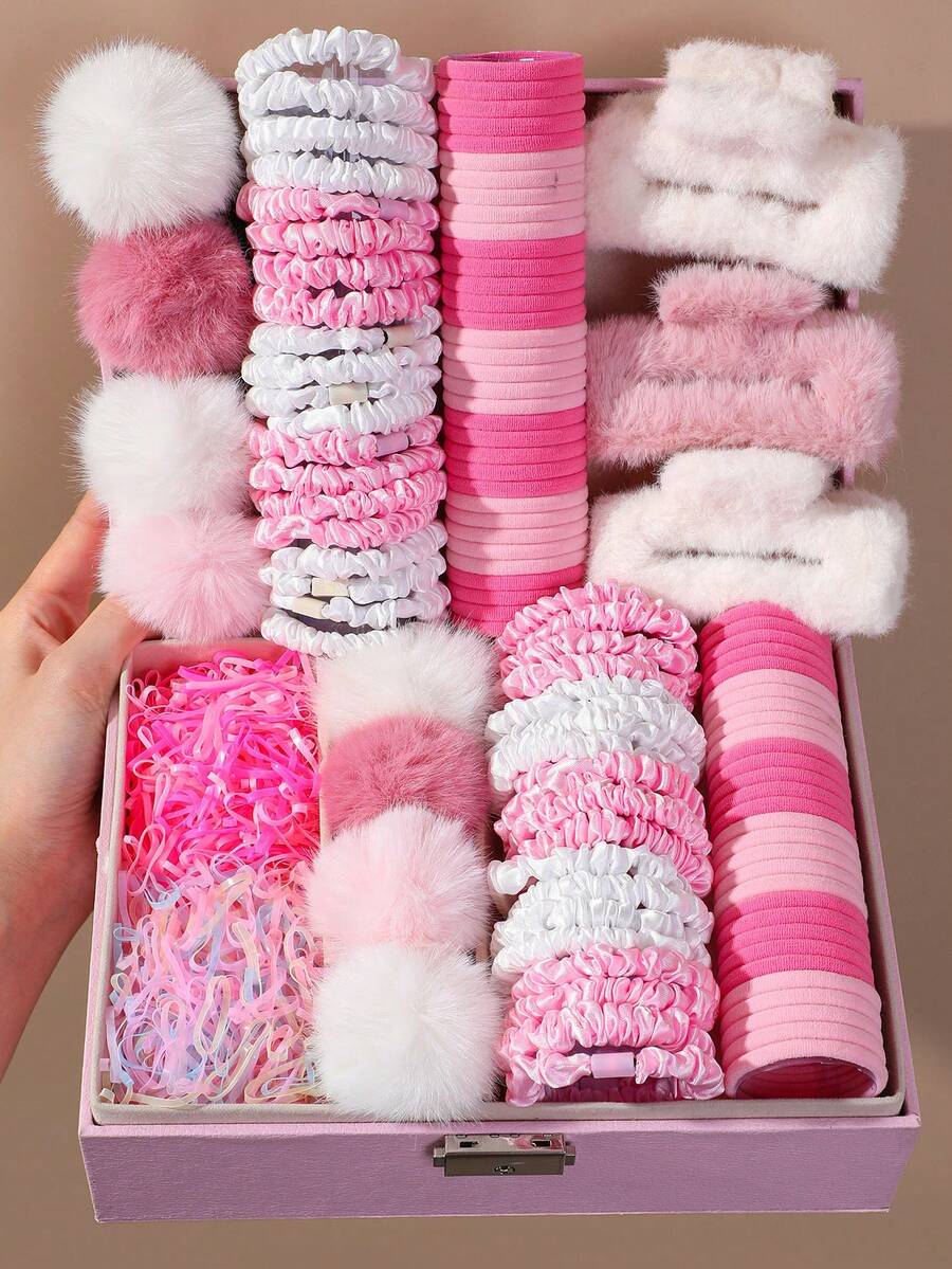 719pcs Girls Autumn/Winter Pink Plush Hair Scrunchies With Pink Pom Poms, Large Cute Princess Hair Ties, High Elasticity Durable Non-Damaging Hair Bands, Small Rubber Bands, Large Plush Hair Claw, Suitable For Daily Use - Multicolor - View 1