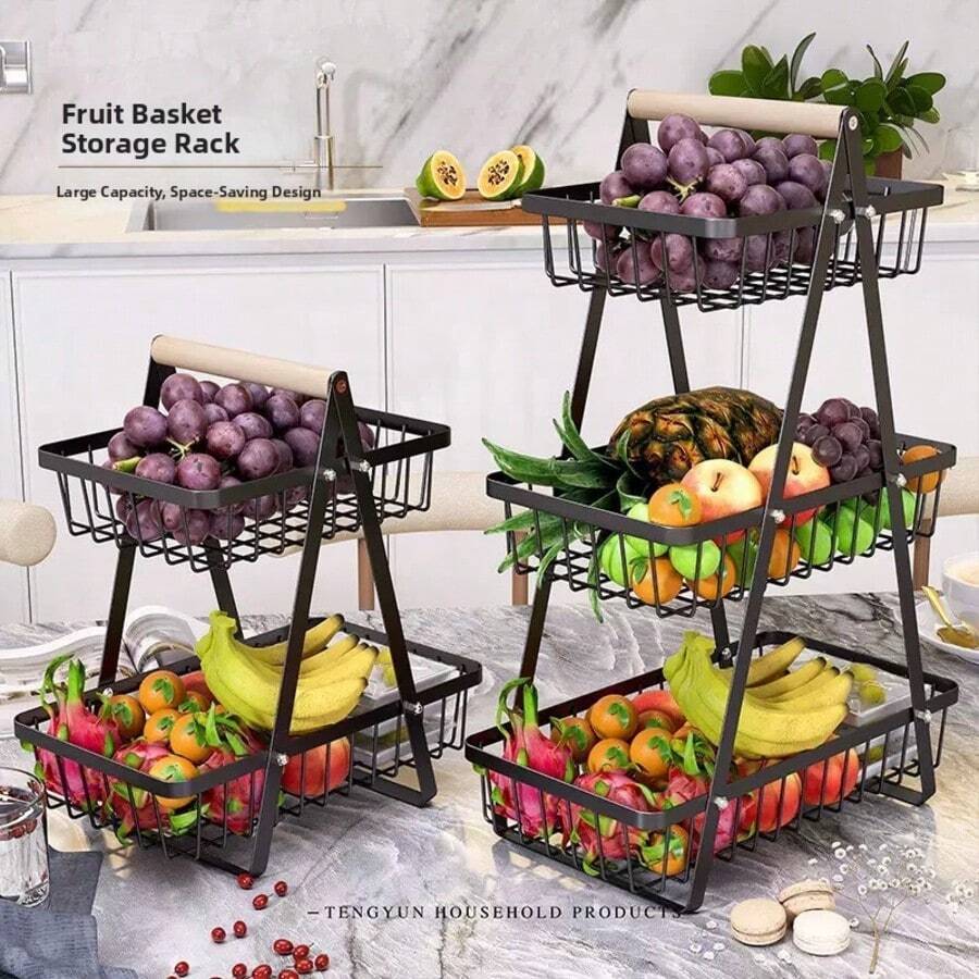 1pc Countertop Fruit & Vegetable Basket With Wooden Handle, Detachable Bowl Storage Rack For Kitchen Organization And Storage, Kitchen Accessory - Black - View 1