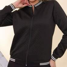 Women's Autumn/Winter Warm And Casual Padded Jacket With Round Neck - Black And White Striped Collar, Long Sleeves, Casual Coat | Zipper Jacket - 黑色 - 查看 9