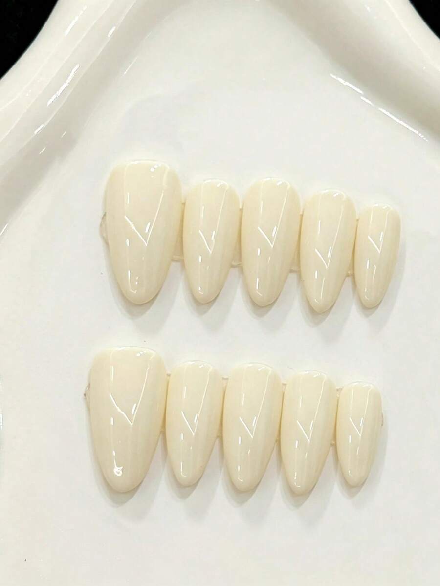 10片中杏仁形手工穿戴甲，白色指甲，純色海軍藍白色亮面穿戴甲，易佩戴，Y2K手工穿戴甲，夏季風格，適合女孩與女性在節日、派對及日常佩戴