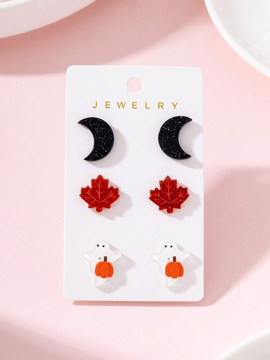 3 Pairs/Set Halloween Shiny Moon, Maple Leaf, Ghost, Pumpkin Stud Earrings Set, Fashionable Jewelry Earrings For Women, Perfect Gift For Holiday Parties - Multicolor - View 1