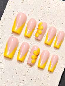 10pcs Handmade Press-On Nails Summer Y2K Nail Art Set, Long Square Acrylic Fake Nails, Bright Yellow V-Shaped French Tip 3D Flower Nail Art, Glossy Tropical Style Press-On Nails, Suitable For Beach Vacation Party - Yellow - View 5