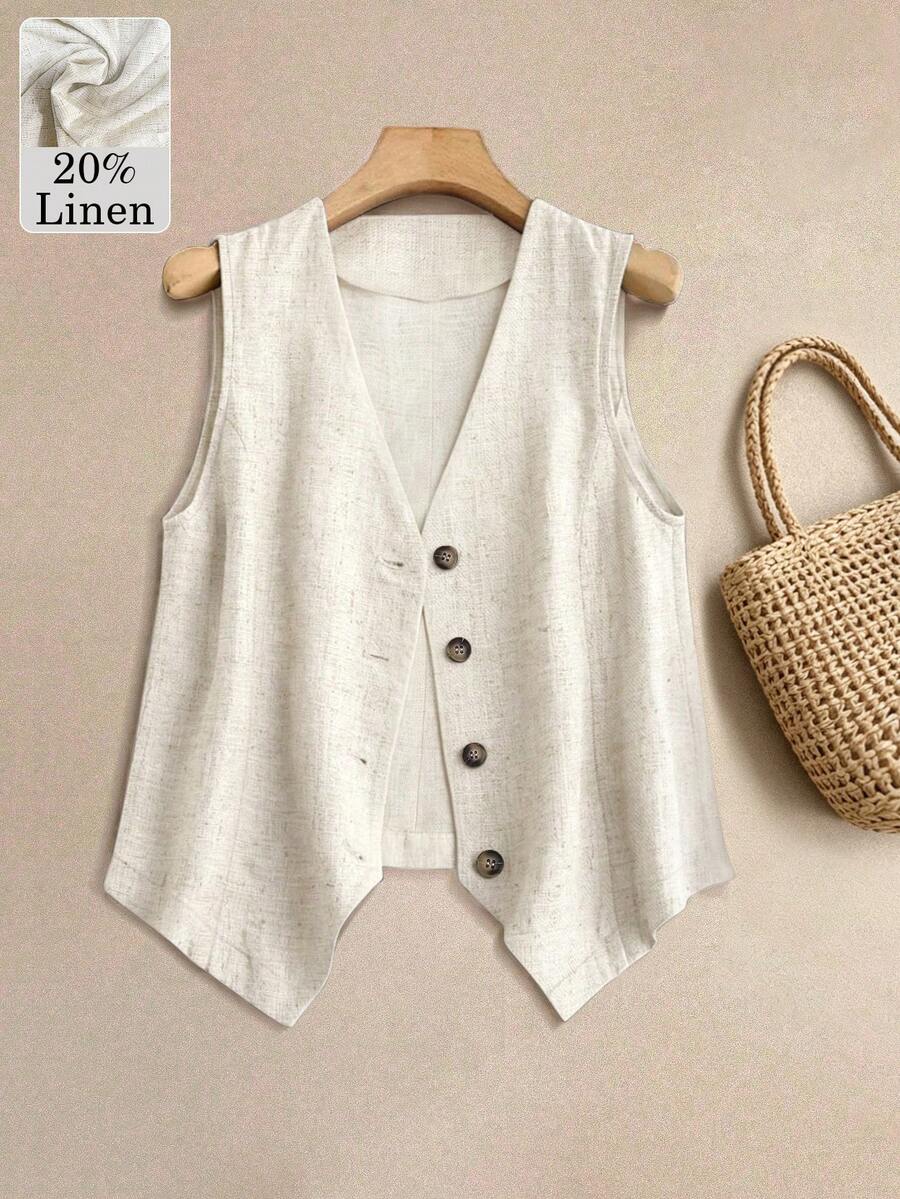 Plus Size Women's Spring/Summer Casual Linen Blazer Vest White - White - View 1