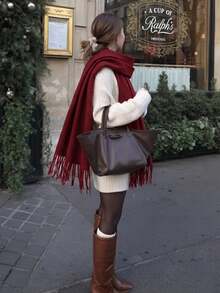 1PC Women's Simple Burgundy Solid Color Regular Style Faux Cashmere Scarf, Christmas Red Autumn College Style Shawl, Suitable For Seasonal Transitions, Daily Wear, Windproof And Warm, New Year Gift - Burgundy - View 1