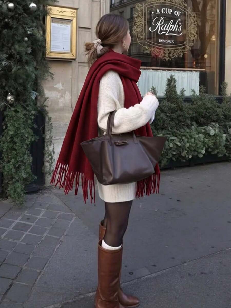 1PC Women's Simple Burgundy Solid Color Regular Style Faux Cashmere Scarf, Christmas Red Autumn College Style Shawl, Suitable For Seasonal Transitions, Daily Wear, Windproof And Warm, New Year Gift - Burgundy - View 1