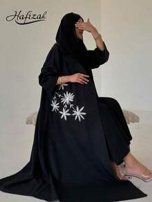Hafizah Modest Summer Embroidered Floral Lapel Abaya Cardigan Long Robe For Women - Black - View 2