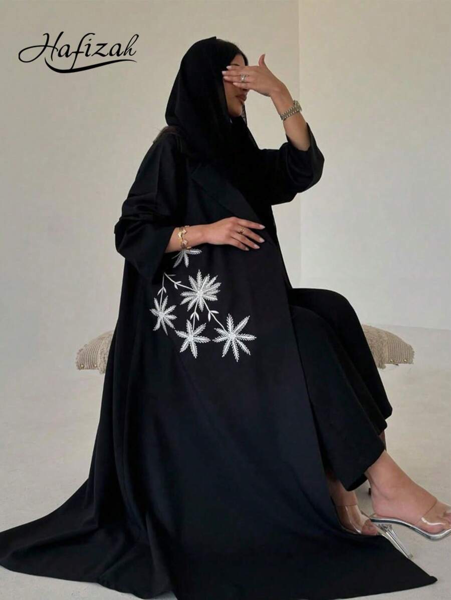 Hafizah Modest Summer Embroidered Floral Lapel Abaya Cardigan Long Robe For Women