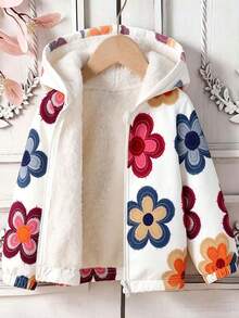 Tween Girl Floral Cartoon Print Warm Hooded Jacket - White - View 1