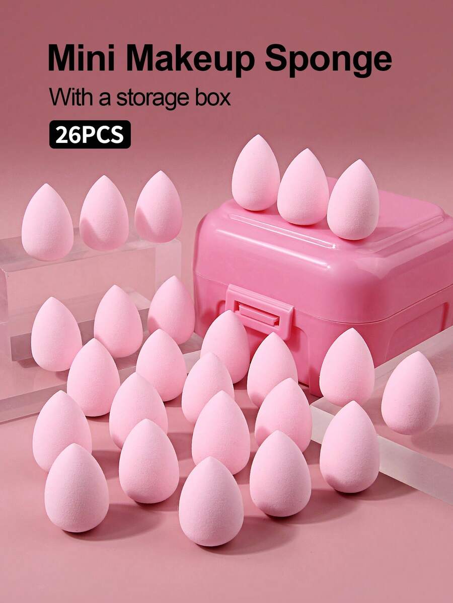 26 Buah Spons Makeup Mini Warna Pink dengan Kotak Penyimpanan, Spons Ramah Kulit untuk Area Bawah Mata, Garis Halus & Detail Makeup, Portabel