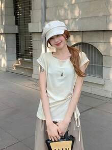 溫柔風小眾設計前綁帶短袖T恤 女款優雅修身顯瘦短袖上衣 夏季 - 杏色 - 查看 1