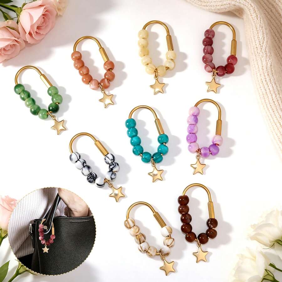 1pc Vintage Marble Acrylic Beaded Bag Charm With Star Pendant, U-Shaped Spring Gate Ring Colorful Beads Keychain, Wallet Backpack Decorative Pendant, Aesthetic Style - Multicolor - View 1