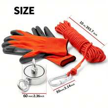 Kit d'aimant de récupération double face super puissant, ensemble complet d'aimant de pêche de 2,36 pouces comprenant une corde en nylon de 10 m de long, une boucle fixe et des gants de travail antidérapants, outil d'aimant de récupération de trésors métalliques sous-marins pour lac, rivière et épave - 60mm/2.36 pouces - Voir 2