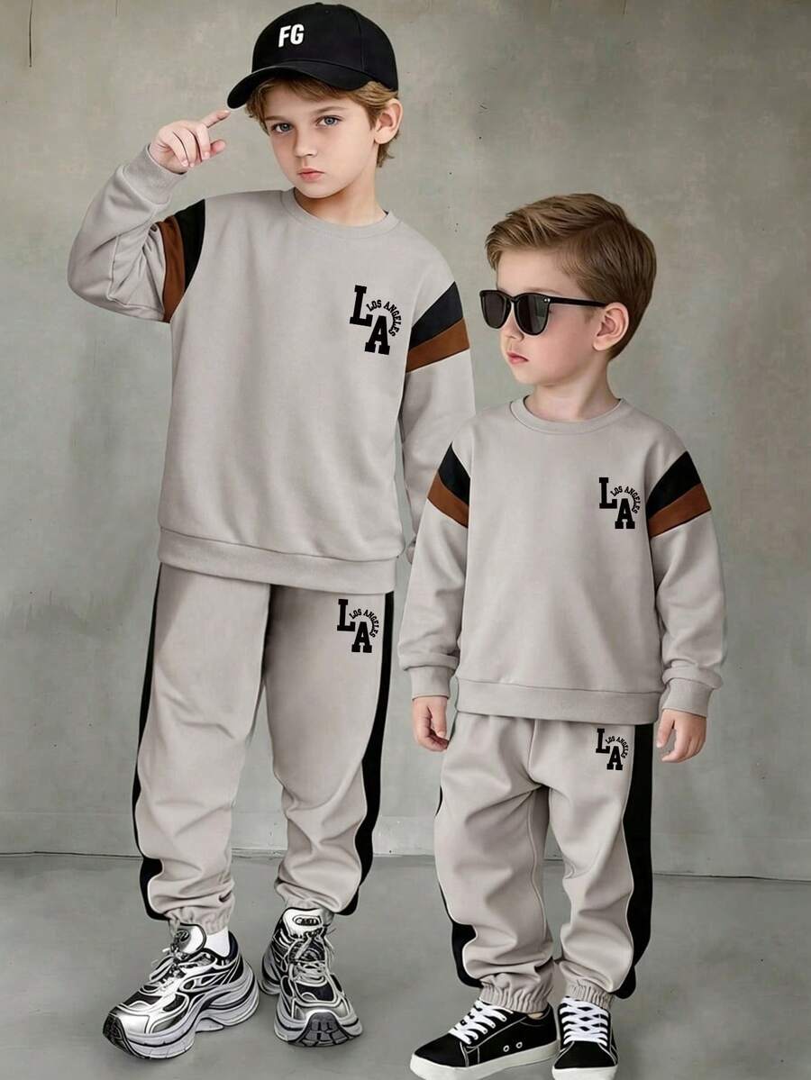 Young Boys Letter Print Crew Neck Long Sleeve Top And Sweatpants Set - Grey - View 1