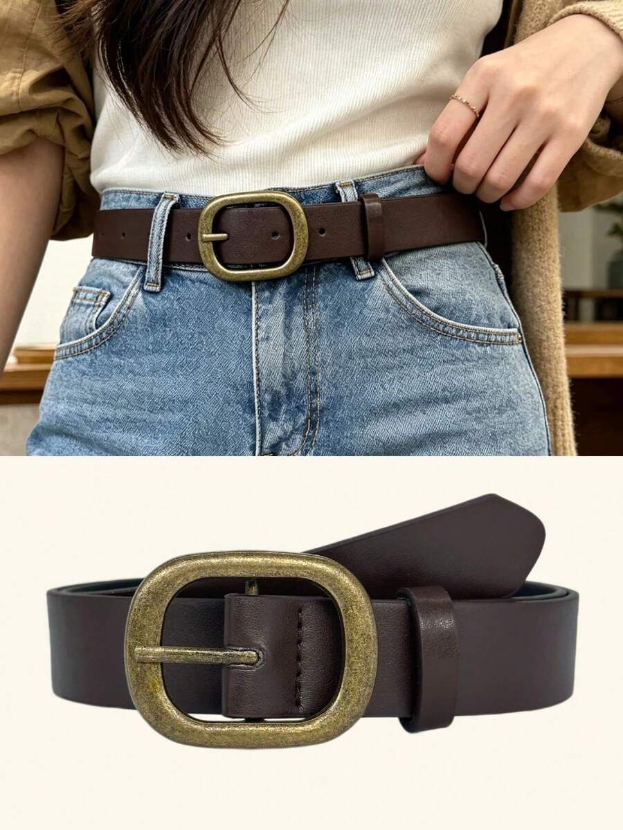 Bohemian Style PU Material Women's Denim Belt, Pin Buckle Design With Western Metal Buckle, Suitable For Denim Skirts And Daily Wear
