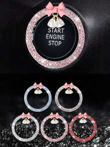 1pc Car One-Touch Start Decorative Sticker, Interior Button Inlaid Diamond Bow Crystal Bell Pendant Ignition Ring - A - View 1