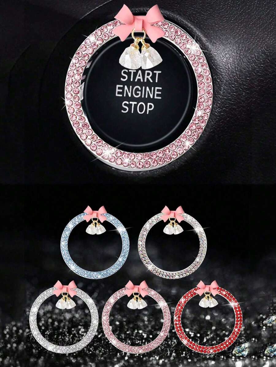 1pc Car One-Touch Start Decorative Sticker, Interior Button Inlaid Diamond Bow Crystal Bell Pendant Ignition Ring - A - View 1