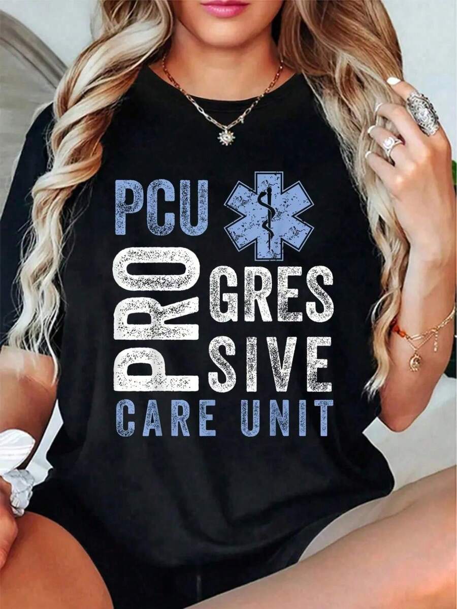 Camiseta de verano 100% aodón con diseño retro y drtido de enfermera de la unidad de cuidados progresivos (PCU) para mujeres, con estampado gráfico de cuello redondo casual para outf... - Negro - Ver 1