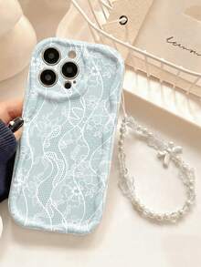 Soft Minimalist Sexy Style Light Blue Background White Wave Lace Floral Wave Phone Case Pearl Bowknot Beaded Hanging Chain Full Coverage Anti-Drop Soft Shell Compatible With IPhone15/14/13 All Models - Antique White - View 2