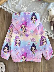 Tween Girl Cartoon Print Warm Hooded Jacket - Purple - View 3