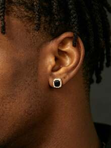 1pc Vintage Square Black Zirconia Men's Stud Earring, Gold Plated Couple Earring, Daily Music Festival Party Hip-Hop Accessory, Anniversary Birthday Gift For Boyfriend - Earrings - View 2