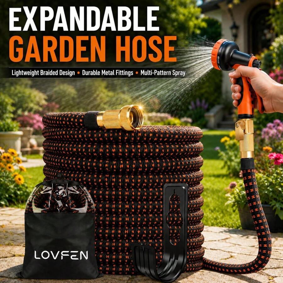 LOVFEN 25FT Stretchable Garden Hose, Lightweight Kink-Free Flexible Water Pipe With 10-Pattern Spray Nozzle, Leak-Proof, 3/4" Swivel Connectors, Super Durable Fabric, Portable Storage Strap – Ideal For Gardening, Patio, Yard, And Outdoor Watering