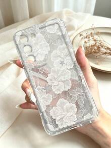 復古白色木槿花蕾絲紋理印花透明手機殼，相容 iPhone 13 15 16 17 Pro 17 14 17 Pro Max，相容 Galaxy/A54 A14 A15 S23 S24 S24 Ultra S25 A07 A17 S26 A57 - 彩色 - 查看 5