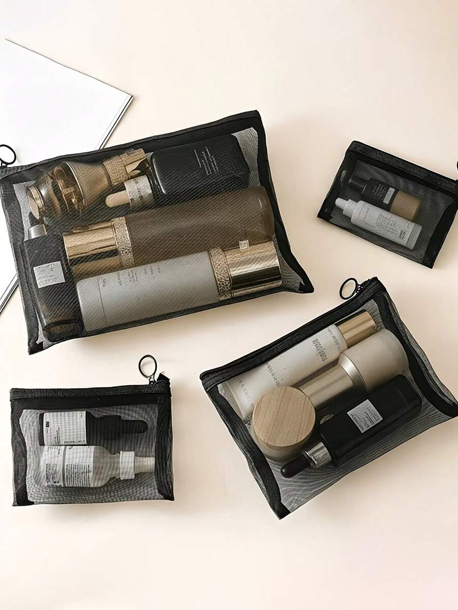 4 piezas Bolsa de maquillaje de malla transparente/Bolsa de aseo portátil de gran capacidad/Diseño hueco - Ver 1