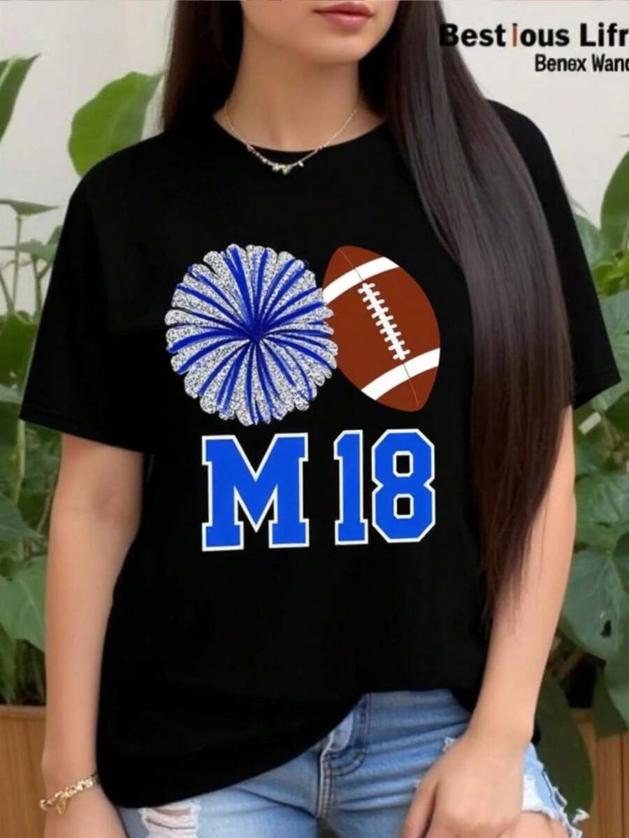 Camiseta de Mujer con Estampado de Fútbol y Fuegos Artificiales M18 - Corte Holgado y Relajado, Manga Corta con Logotipo del Número 18, Cuello Redondo Suave - Negro - Ver 1