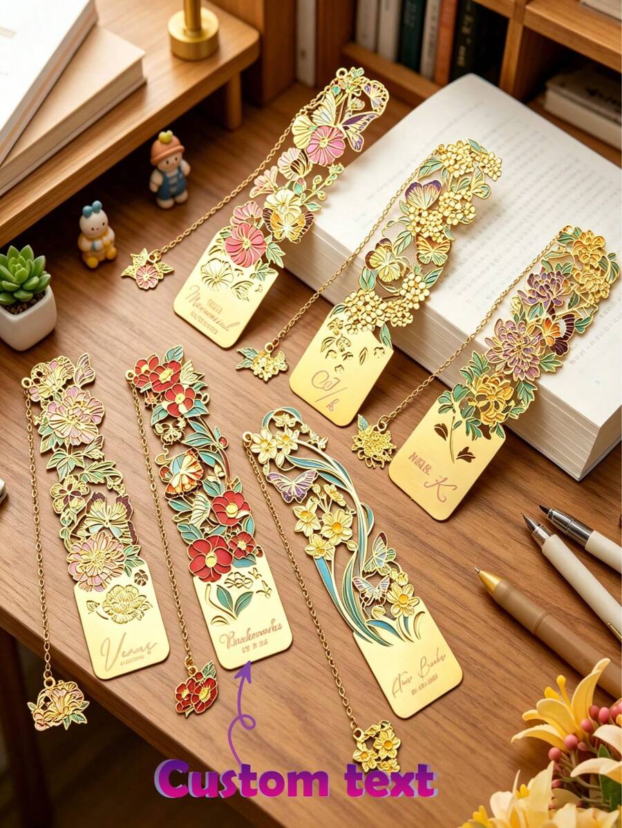 Customized Text Logo Metal Bead Pen Set With Refills And Gift Box, High-End Elegant Business Neutral Gel Pen, Metal Hollow Pattern Business Pen, Student Handwriting Pen, Adult Business Office Wood Grain Signature Pen, Perfect Gift For Teachers, Parents, Friends, Groom And Groomsmen - Flower Bookmark - View 1