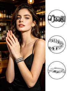 Xiacheng 1/3 Piezas Pulseras para Hombres y Mujeres, Pulseras de Cuentas, Pulseras Plateadas & Negras para Mujeres, Pulseras Punk Góticas, Regalos de Joyería para Parejas, Mamás y Amigos - Multicolor - Ver 3