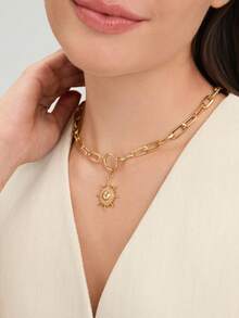 Ashenrae 1pc Fashionable Retro Sun Pendant Necklace - Yellow Gold - View 5