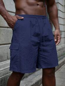 Men's Plain Color Summer Casual Shorts With Pockets - Blue - View 5