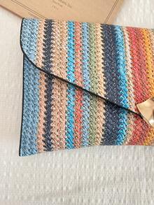 Woven Straw Striped Flap Envelope Clutch Bag, Minimalist Fashion Casual Striped Straw Handbag - Multicolor - View 9
