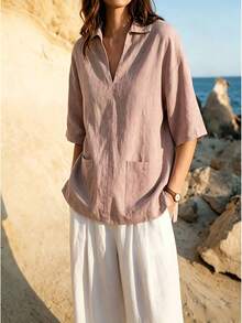 Camiseta casual de cuello para mujer en mezcla premium de algodón y lino - Caqui - Ver 11