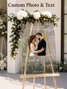 1PC Customizable Photo & Text Acrylic Wedding Welcome Sign, Personalized Happy Life Decor Plaque, Suitable For Wedding Venue Decoration, Wedding Decor, Wedding Welcome Sign, Customized Wedding Crafts - Multicolor - View 7