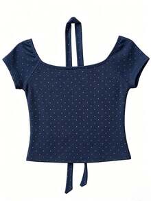 Vintage Sexy Hot Girl Rhinestone Embellished Collarbone Short Sleeve T-Shirt, Minimalist Sexy Sexy Slim Fit Top, Summer Clothing Casual - Navy Blue - View 2